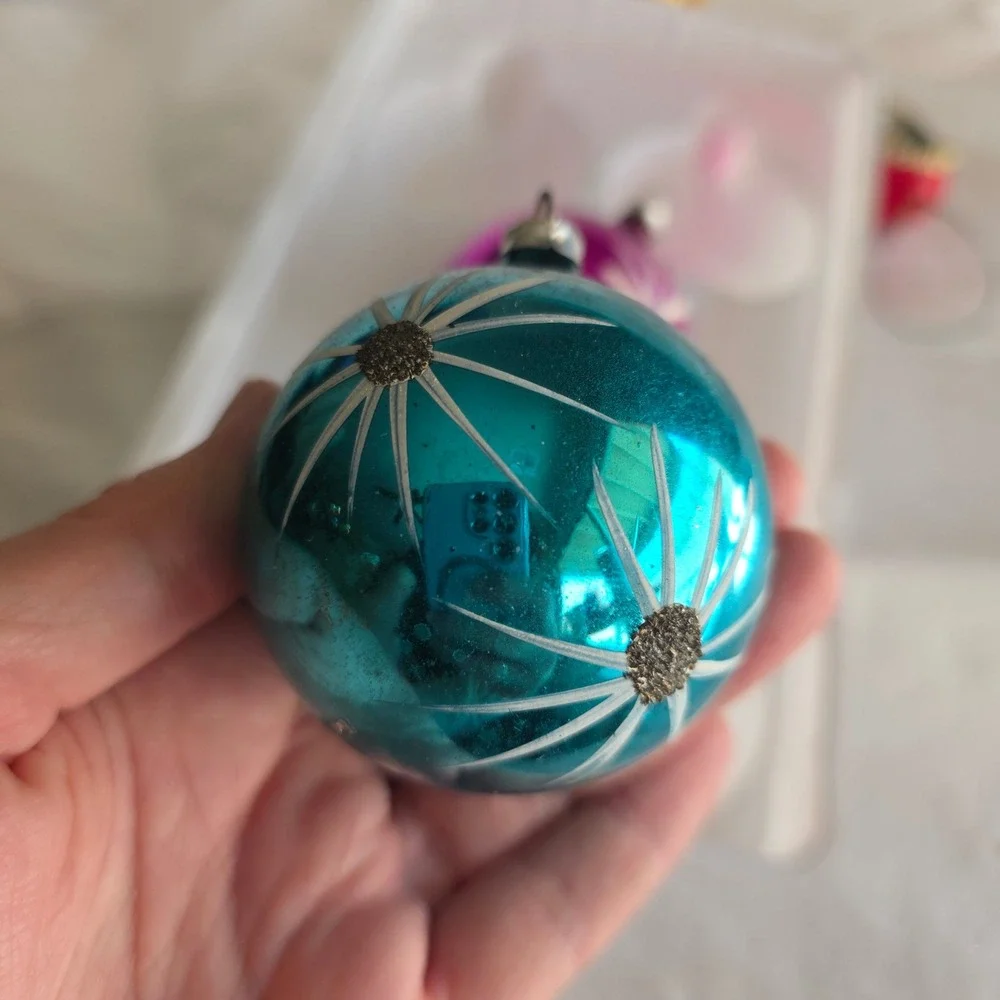 2 VTG West Germany Glass Ornaments Pink Blue Starburst Mercury Glass Black Mica